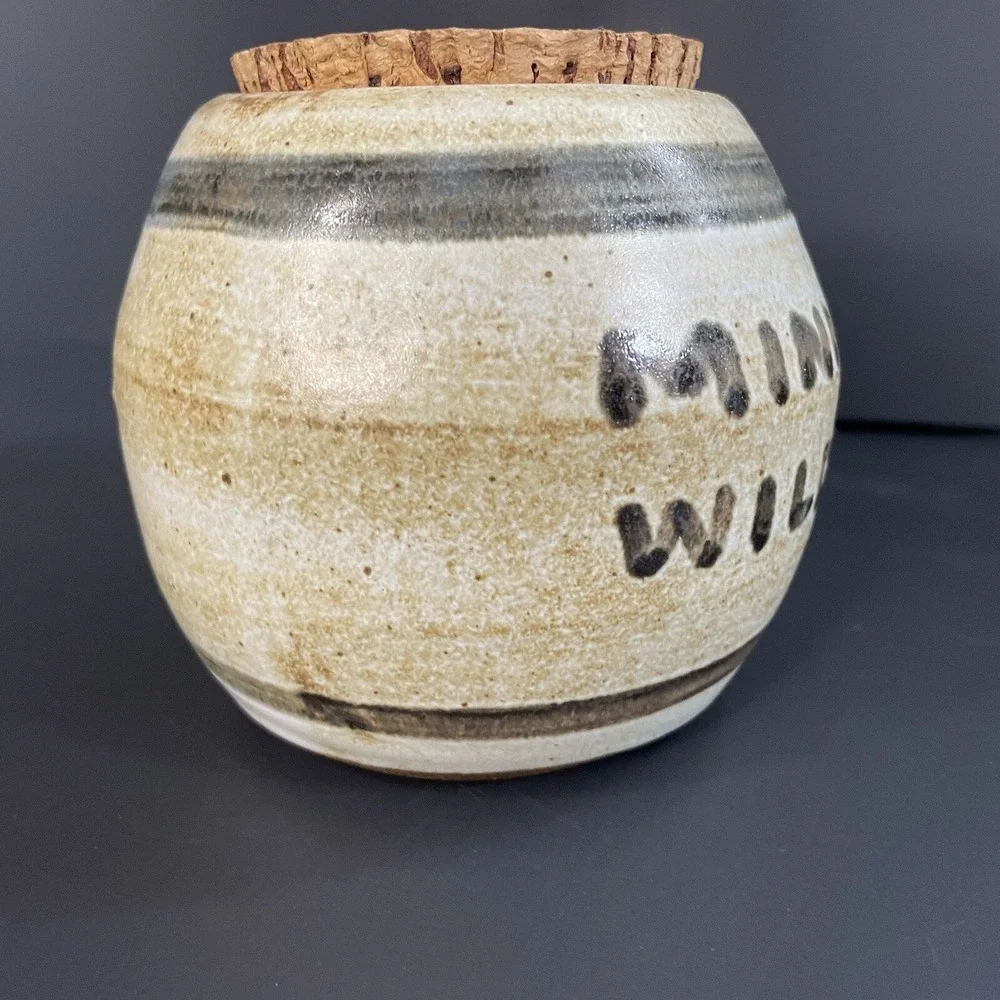 Vtg Minnesota Wild Rice Round Cork Lid Crock Canister Stoneware Storage Jar Glaz